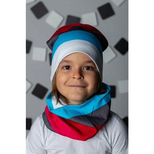 Шапка бини Детский трикотаж 37 Полоса2, серый, бирюзовый (серый/красный/голубой/бирюзовый) - изображение №1