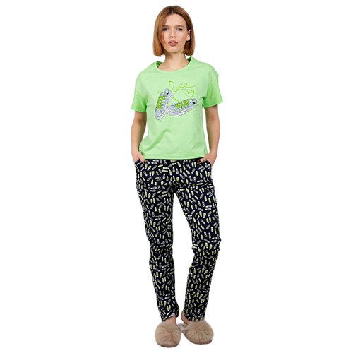 Комплект Lilians, брюки, футболка, короткий рукав, карманы, трикотажная, пояс на резинке, черный, зеленый (черный/зеленый)