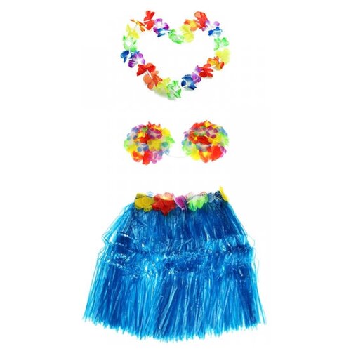 Набор гавайское ожерелье 96 см, лиф "Лилия лифчик" из цветов, юбка голубая 40 см (синий/голубой/оранжевый)