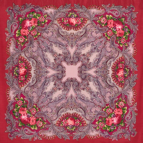 Платок Павловопосадская платочная мануфактура, 125х125 см, розовый, красный (красный/розовый/красный-розовый) - изображение №1