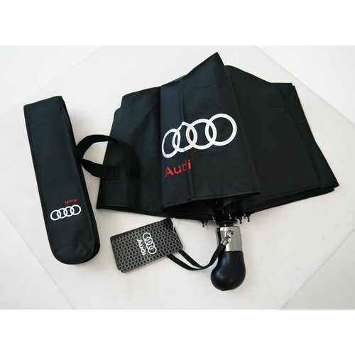 Зонт Audi, автомат, 3 сложения, купол 100 см., 9 спиц, ручка натуральная кожа, система «антиветер», чехол в комплекте, черный