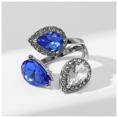 Кольцо Queen Fair, нержавеющая сталь, серебрение, стекло, синий, белый (синий/белый)
