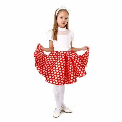 Карнавальный набор "Стиляги 3", юбка красная с белыми сердцами, пояс, повязка, рост 122-128 см (красный)