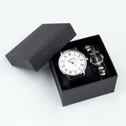 Наручные часы Подарочный набор 2 в 1 "Bolama": наручные часы и браслет, черный - изображение №1