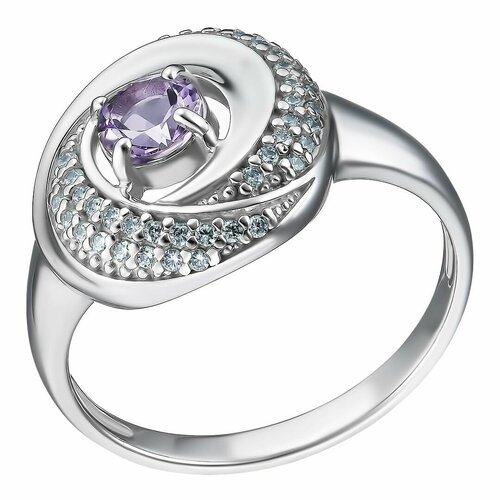 Перстень, серебро, 925 проба, родирование, фианит, аметист, серебряный, фиолетовый (фиолетовый/серебристый/бесцветный)