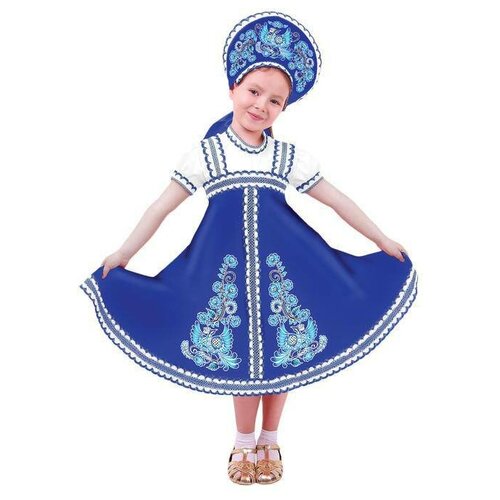 Карнавальный русский костюм "Птица Феникс", платье-сарафан, кокошник, цвет синий, р-р 34, рост 140 см (синий/разноцветный/белый)