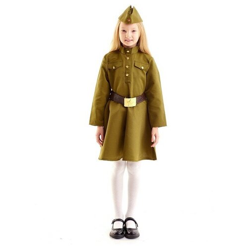 Карнавальный костюм для девочки, военное платье, пилотка, ремень, 8-10 лет, рост 140-152 см (хаки)