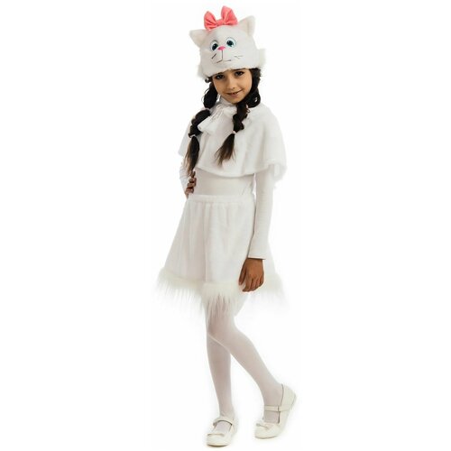 Карнавальный костюм "Кошечка" для девочки, ростом 122-128 см: подходит для детских утренников, маскарадов, новогодних праздников (белый)
