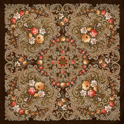 Платок Павловопосадская платочная мануфактура, 125х125 см, бежевый, коричневый (коричневый/бежевый)