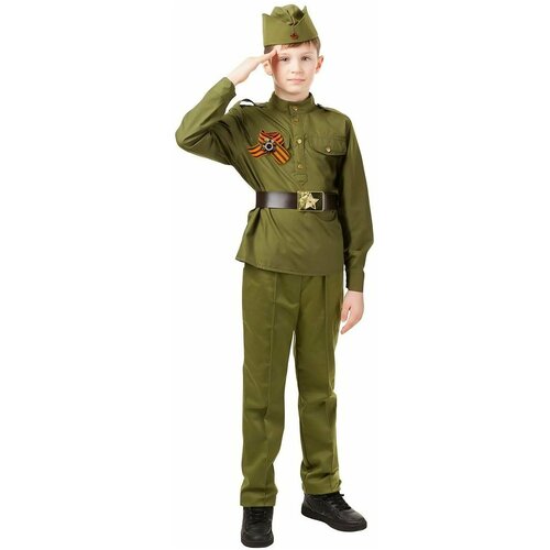 Костюм солдата для мальчика ростом 134 см: прекрасно подойдет к мероприятиям на 23 Февраля, в театрализованном представлении (зеленый/темно-зеленый)