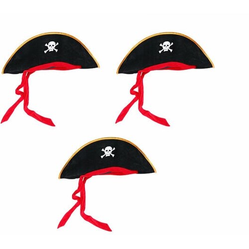 Шляпа пирата "Пиратская треуголка с красной лентой" с черепом (Набор 3 шт.) (красный) - изображение №1