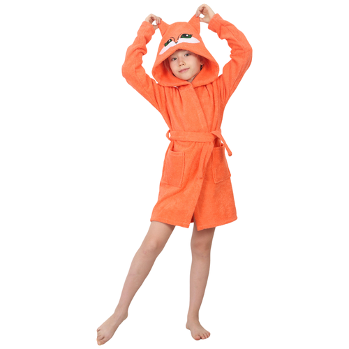 Халат Оптима Трикотаж, длинный рукав, пояс/ремень, карманы, капюшон, оранжевый - изображение №1