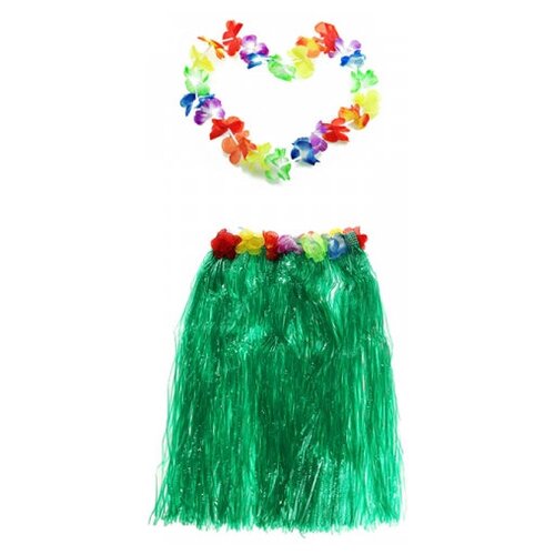 Гавайская юбка 60 см, зеленая, гавайское ожерелье 96 см (зеленый) - изображение №1