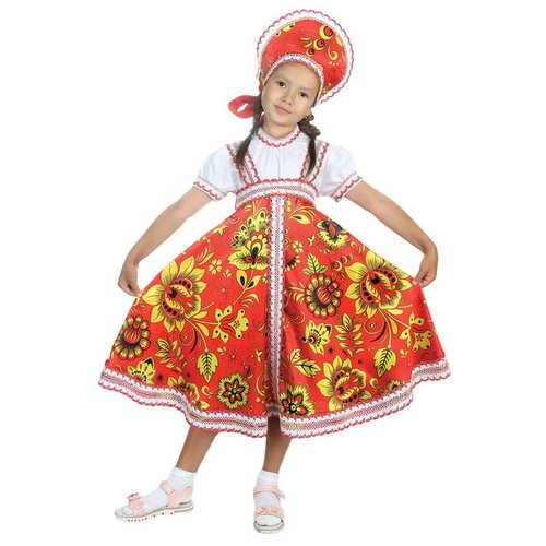 Русский народный костюм "Хохлома", платье, кокошник, цвет красный, рост 134 см (красный/зеленый/мультицвет)