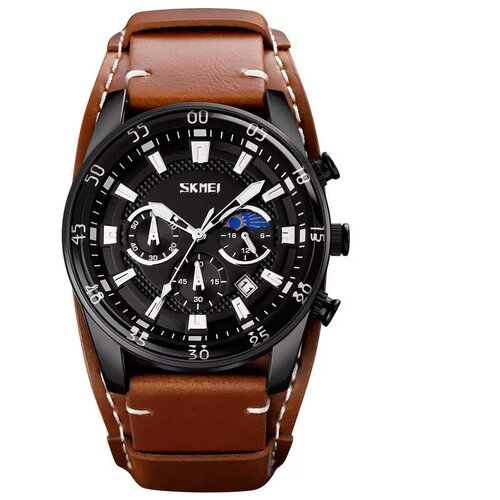 Наручные часы SKMEI Часы наручные мужские классические водонепроницаемые SKMEI 9249 черные/коричневые круглые с секундомером, коричневый (черный/коричневый) - изображение №1