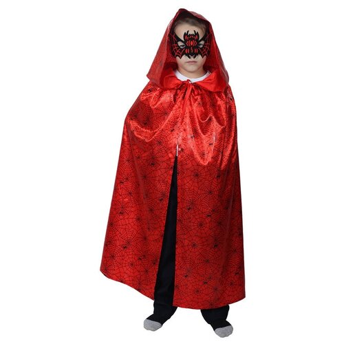 Карнавальный плащ с капюшоном Страна Карнавалия, паутина на красном, атлас, длина 85 см, маска (красный/мультицвет)