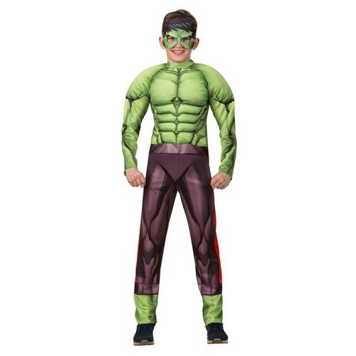 Карнавальный костюм «Халк» с мускулами, текстиль, куртка, брюки, маска, р. 34, рост 134 см (зеленый/мультицвет/зеленый-серый) - изображение №1