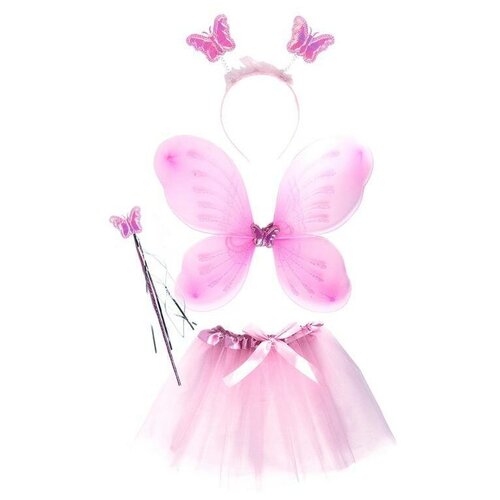 Карнавальный костюм новогодний крылья феи бабочки для девочки с юбкой, волшебной палочкой и ободком голубой 48*38см (розовый/голубой)