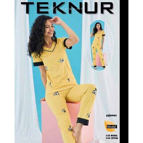 Пижама Teknur, футболка, брюки, короткий рукав, желтый
