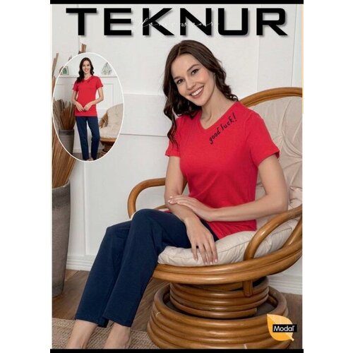 Пижама Teknur, футболка, брюки, короткий рукав, стрейч, красный
