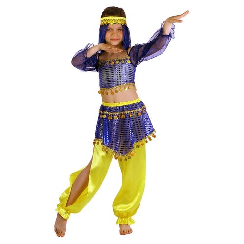 Карнавальный костюм Страна Карнавалия "Восточная красавица. Шахерезада", топ с рукавами, штаны, повязка, цвет сине-жёлтый, рост 98-104 см (синий/красный/желтый/мультицвет/синий-желтый) - изображение №1