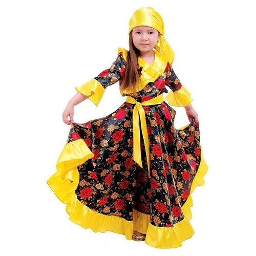 Карнавальный цыганский костюм для девочки, жёлтый с оборкой по груди, р. 32, рост 122 см (желтый)