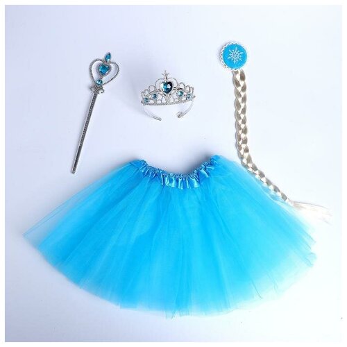 Карнавальный набор «Снежная принцесса», юбка, корона, палочка, коса (синий/голубой)