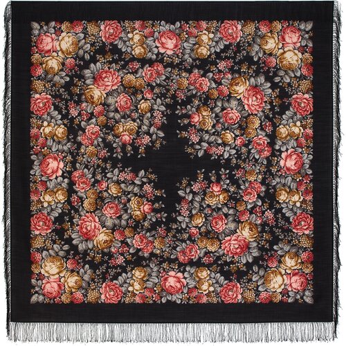 Платок Павловопосадская платочная мануфактура, 146х146 см, черный, серый (серый/черный/красный/желтый)