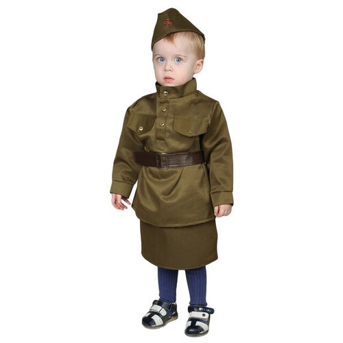 Карнавальный костюм «Солдаточка-малютка», пилотка, гимнастёрка, ремень, юбка, 2-3 года, рост 94-104 см (зеленый)