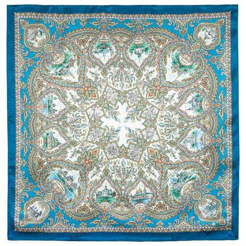 Платок Павловопосадская платочная мануфактура, 89х89 см, белый, голубой (синий/голубой/белый)