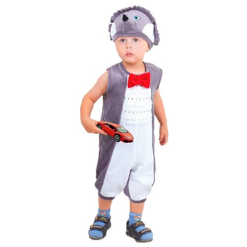 Детский карнавальный костюм для мальчика от 1,5-3-х лет  Страна Карнавалия "Ёжик", велюр, комбинезон, шапка, р-р 26, рост 98 см (серый/белый)