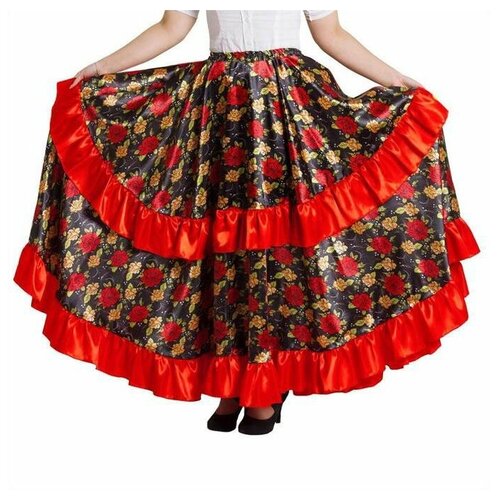Цыганская юбка для девочки с двойной красной оборкой длина 67 (рост 122-128) (черный/красный/золотистый) - изображение №1