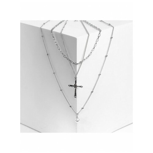 Queen fair Кулон "Цепь" крест с жемчугом, цвет белый в серебре, L=60 см (серебристый/белый/золотистый)