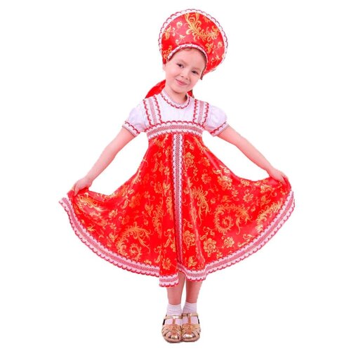 Русский народный костюм для девочки с кокошником, красно-бежевые узоры, рост 122-128 см (красный/бежевый)