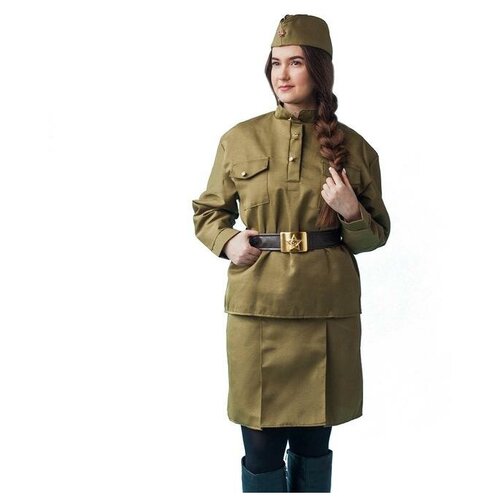 Карнавальный костюм "Солдаточка", пилотка, гимнастёрка, ремень, юбка, р. 40-42 (зеленый/хаки)
