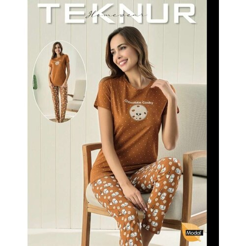 Пижама Teknur, футболка, брюки, короткий рукав, стрейч, коричневый
